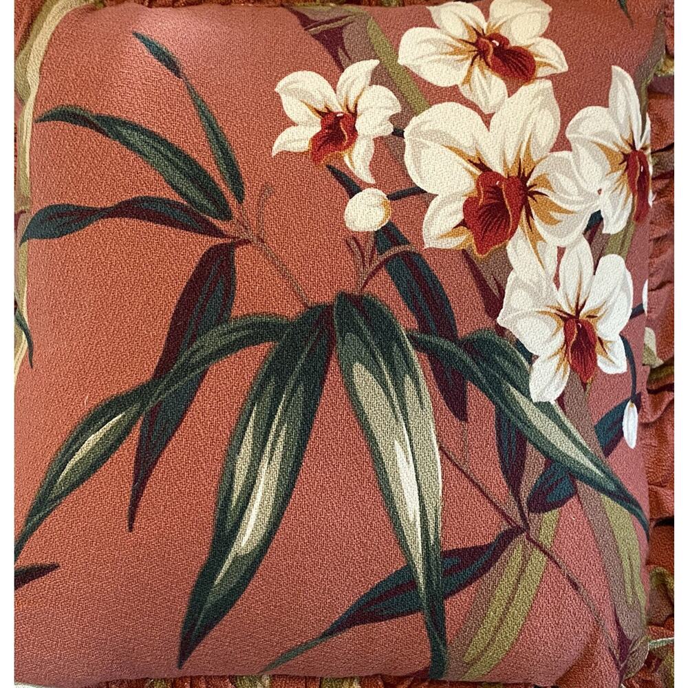 MCM Barkcloth Throw Pillow Decor Tropical White Orchid Design Billowy Fringe - Picture 3 of 8
